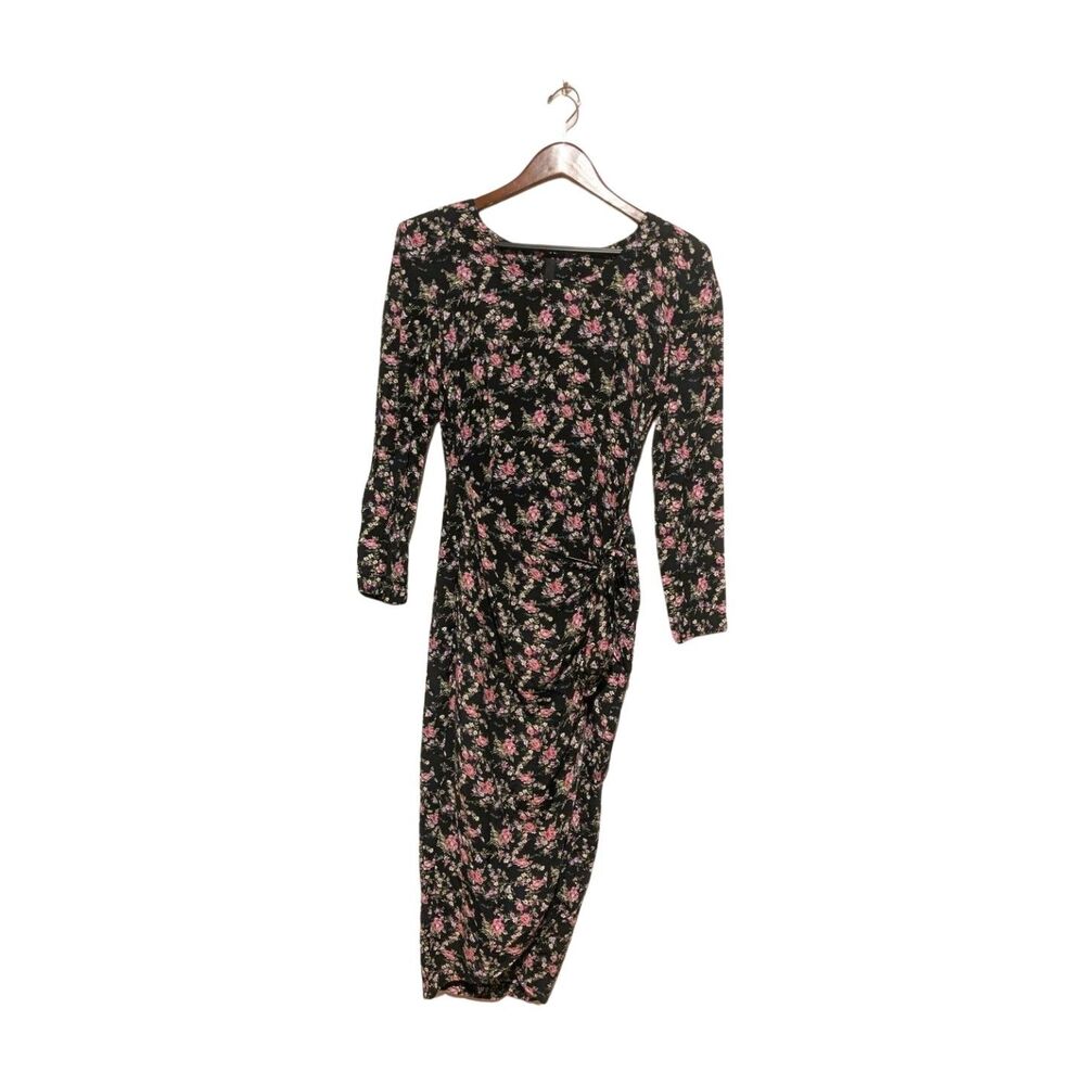 Vintage 80s Knapp Studio Pink and Black Cottage Floral Side Wrap Dress S